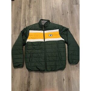 Green Bay Packers NFL Jacket Mens Sz L Fleece Puffer Hood Reversible Winter Coat